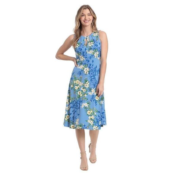London Times Womens Floral-Print Pleated Keyhole Neck Midi Dress, Blue, Size 10 - Picture 1 of 2